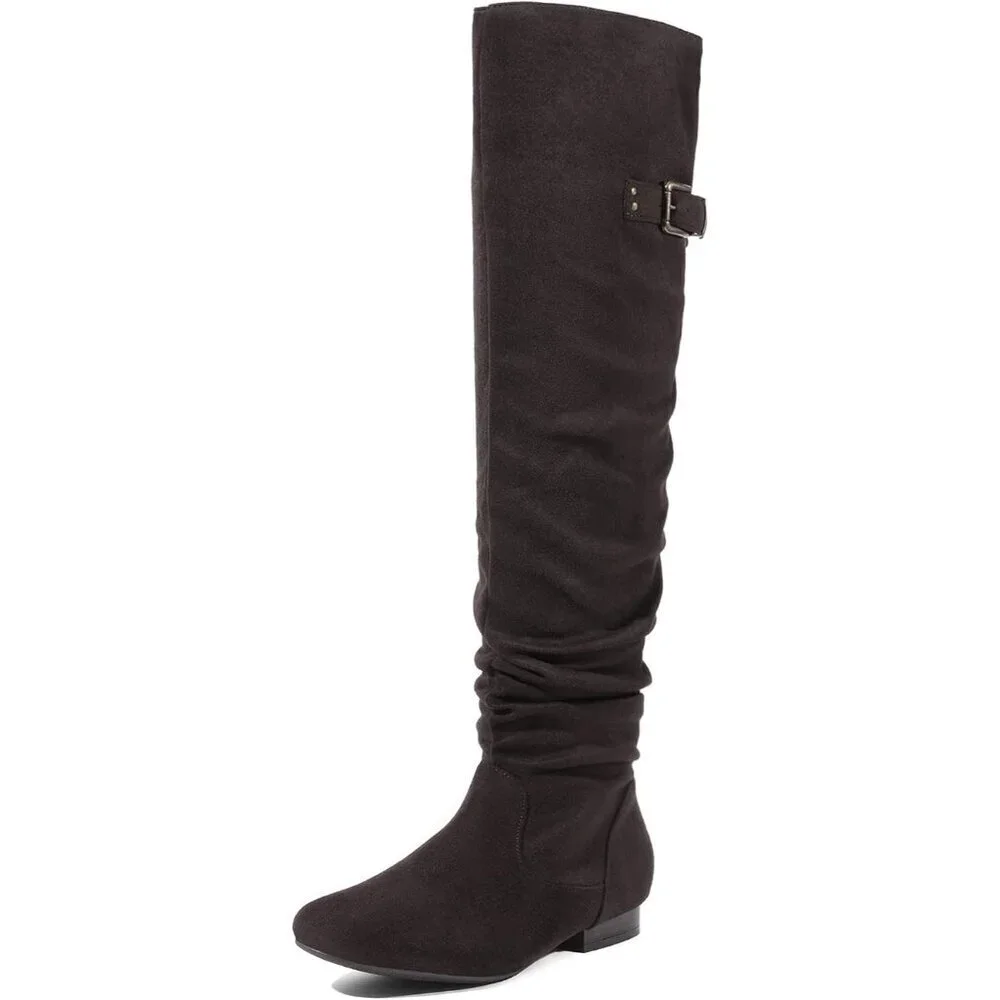 Women's Brown Suede Over The Knee Thigh High Comfortable Low Heel Winter Boots